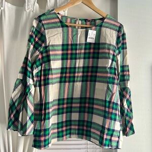 Pink and Green Plaid  JCrew Bell Sleeve Top- Size 12
